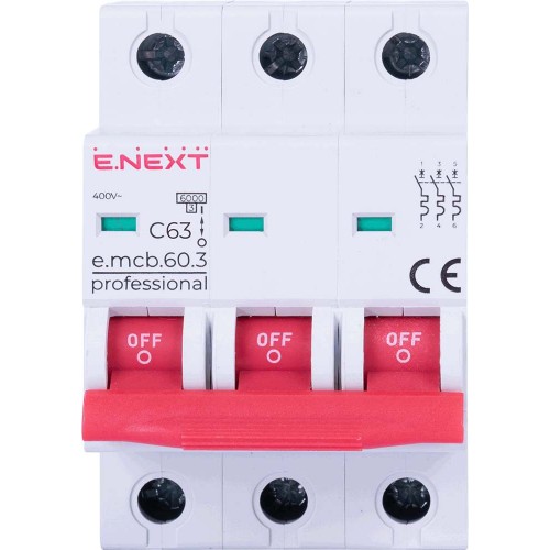 Модульний автоматичний вимикач 3 полюси 63 А характеристика C 6 кА серія PRO (p042037) E.NEXT