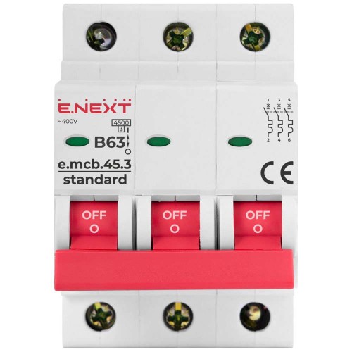 Модульний автоматичний вимикач 3 полюси 63 А характеристика В 4,5 кА серія STAND (s001032) E.NEXT