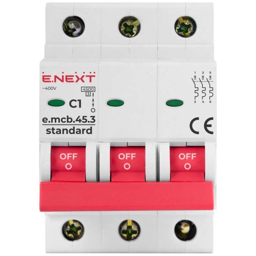 Модульний автоматичний вимикач 3 полюси 1 А характеристика C 4,5 кА серія STAND (s002024) E.NEXT