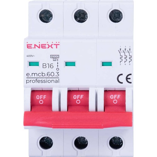 Модульний автоматичний вимикач 3 полюси 16 А характеристика В 6 кА серія PRO (p041026) E.NEXT