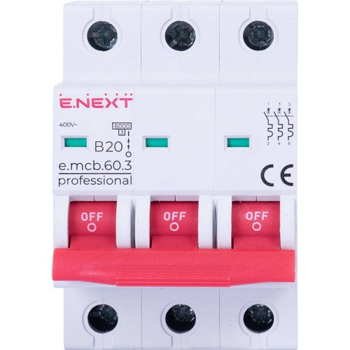 Модульний автоматичний вимикач 3 полюси 20 А характеристика В 6 кА серія PRO (p041027) E.NEXT