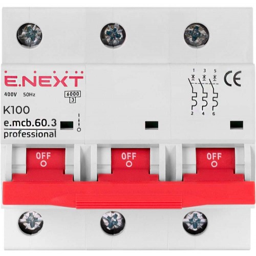 Модульний автоматичний вимикач 3 полюси 100 А характеристика K 6 кА серія PRO (p0430007) E.NEXT