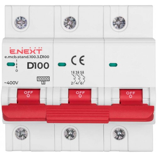 Модульний автоматичний вимикач 3 полюси 100 А характеристика D 10 кА серія STAND (s026003) E.NEXT