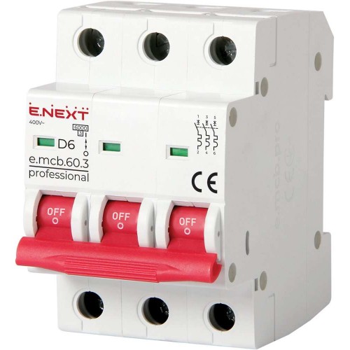 Модульний автоматичний вимикач 3 полюси 6 А характеристика D 6 кА серія PRO (p0710019) E.NEXT