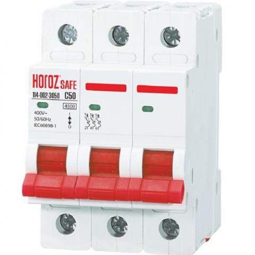 Модульний автоматичний вимикач 3Р 50А C 4,5кА 400V SAFE (114-002-3050-010) Horoz Electric