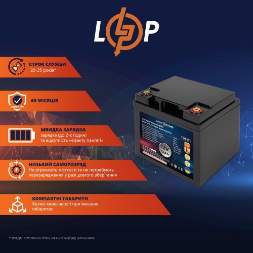 LiFePO4 акумулятор 12 В 52 Аг (BMS 50/25 А) для ДБЖ (18629) LogicPower