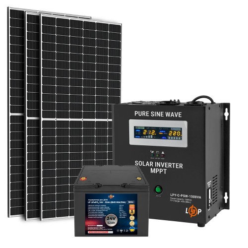 Сонячна електростанція 1 кВт LiFePO4 АКБ 24 В 52 Аг три панелі по 450 Вт серія Преміум (20323) LogicPower