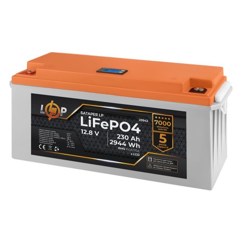 LiFePO4 акумулятор з LCD дисплеєм 12 В 230 Аг (BMS 150/75 А) пластик для ДБЖ (20943) LogicPower