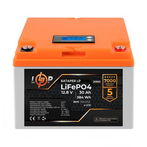 LiFePO4 акумулятор з LCD дисплеєм 12 В 30 Аг (BMS 50/25 А) пластик (20963) LogicPower